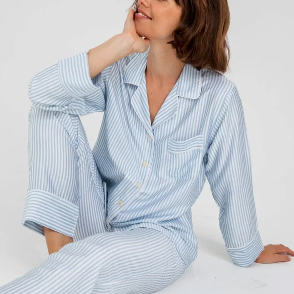 Size Large, Ettitude Long Sleeve Bamboo Lyocell PJ Top, Blue Stripe. TOP ONLY